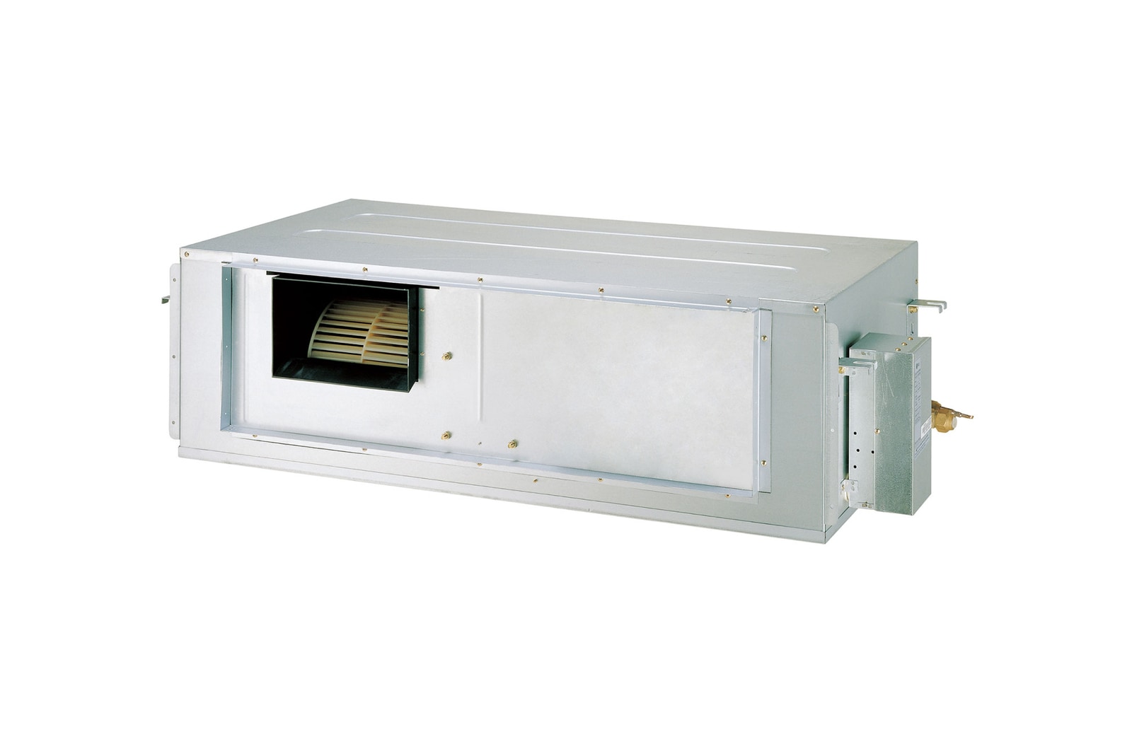 LG Concealed Duct ARNU96GB8Z4 is a gray rectangular parallelepiped with some air inlets on the right side and an small air outlet vent on the front.