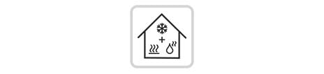 The snowflake, hot water drops, and heating air are combined in the house, indicating integrated solutions.