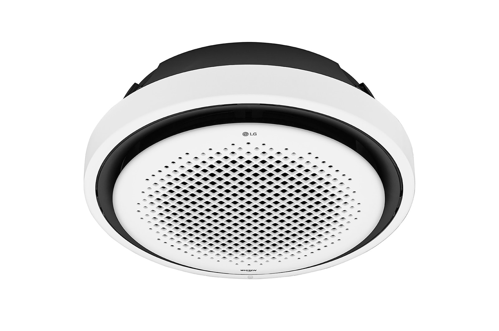 LG Round Cassette, Indoor Unit, ARNU36GTYA4 has many holes in the center of the perfectly round circle, and the edges are black and banded around.