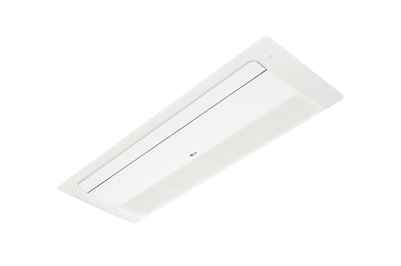 'LG Ceiling Cassette ARNU07GTUB4 is rectangular and flat. There's a movable pan at the front and a long hole at the back so air can come in and out.