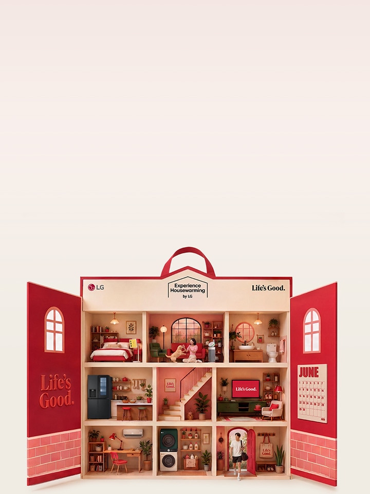 A warmly colored cross-section illustration of a home. From the study, music room, and laundry room to the kitchen, each space captures people building their new home together with LG appliances.