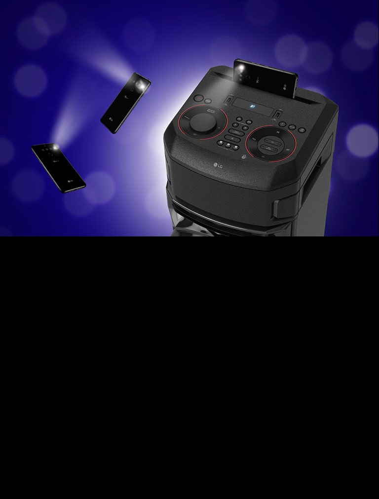 A close-up view of the top of LG XBOOM. Two flashing smartphones are floating around it.