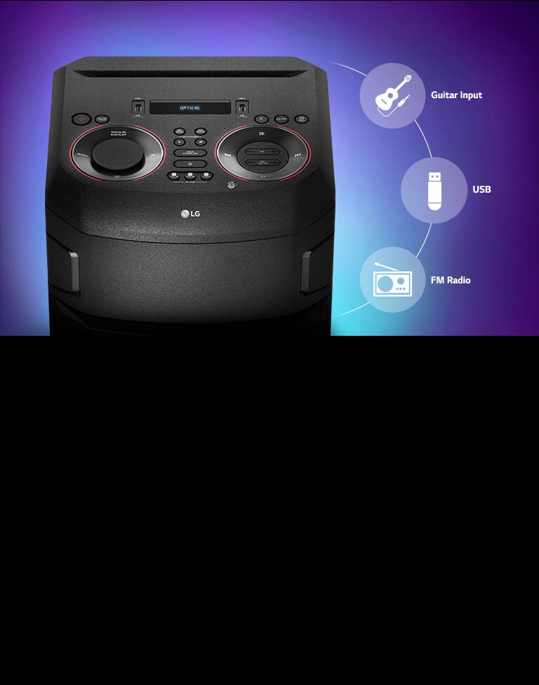 A close up of the top of LG XBOOM, connectivity icons are shown around the product.