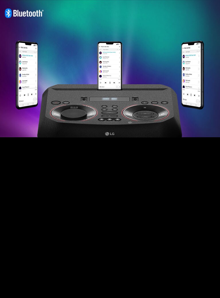 A smartphone is on an LG XBOOM with two other smartphones floating around it. A Bluetooth logo is in the upper left corner.