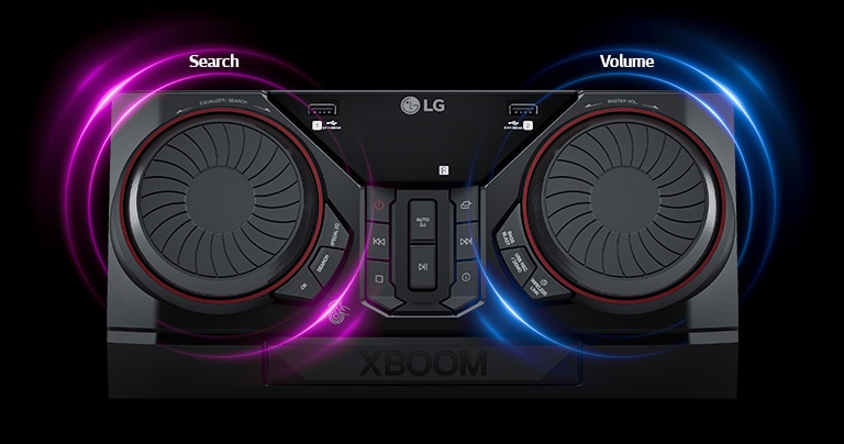 Top view of the CK43N. There are pink and blue neon graphics around the twin spinning wheels. The left wheel allows you to search musics, and the right wheel controls the volume.