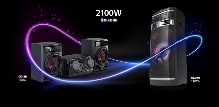 On the left is a diagonal image of the LG XBOOM CK43N and on the right is a diagonal image of the OK99M. A neon graphic connects the two products, and together they'll produce 2100 watts of sound.