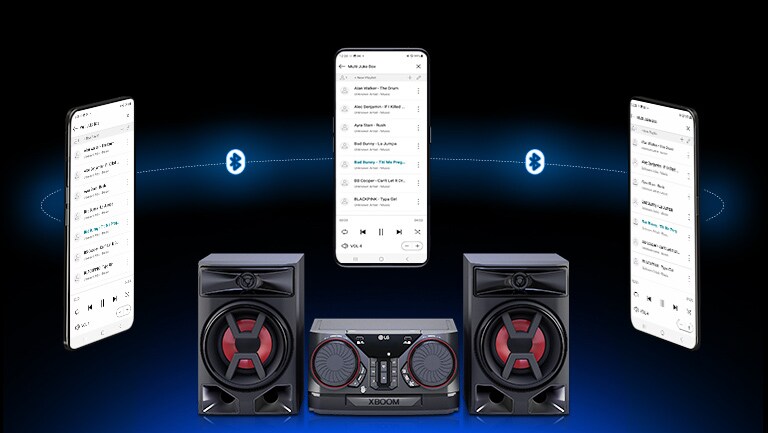A smartphone is on an LG XBOOM CK43N with two other smartphones floating around it. A Bluetooth logo is shown in bewteen smartphones.