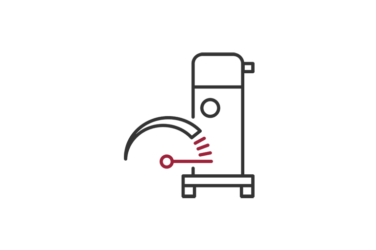 Line drawing of a pump with a gauge indicating high pressure.