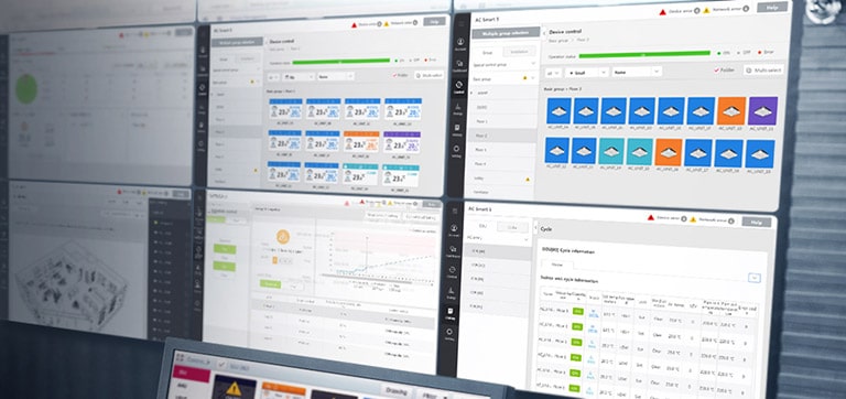 LG HVAC Central Controller features a touch interface displaying comprehensive HVAC performance metrics for optimized building management.