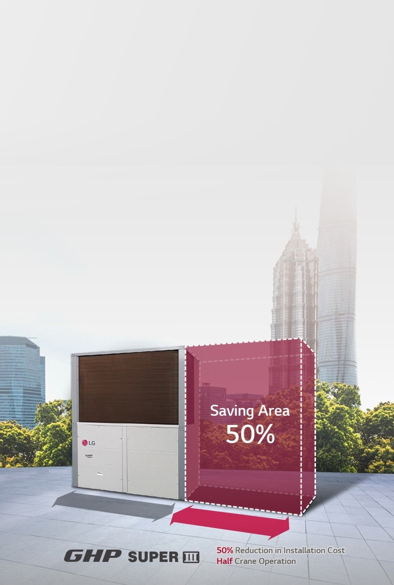 Two conventional gas heat pump is displayed side by side. Right unit is expressed with white dotted line and red fill indicating 50% of saving area.