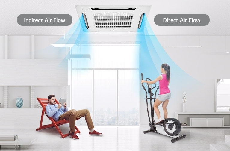 A man, relaxing with a book, receives indirect airflow on the left, while a woman exercises on the right under direct airflow.