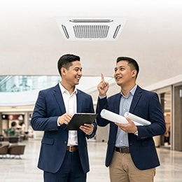 Two coworkers are gathered together, discussing while looking at a laptop screen. 