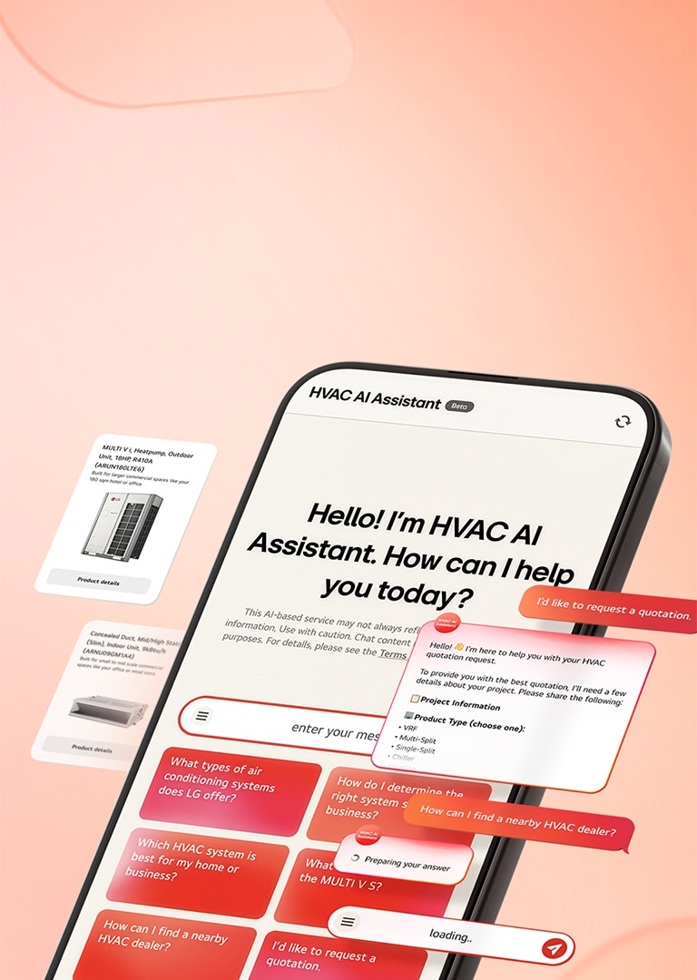 LG HVAC AI assistant interface on a smartphone with chat support and product inquiry features in a digital environment