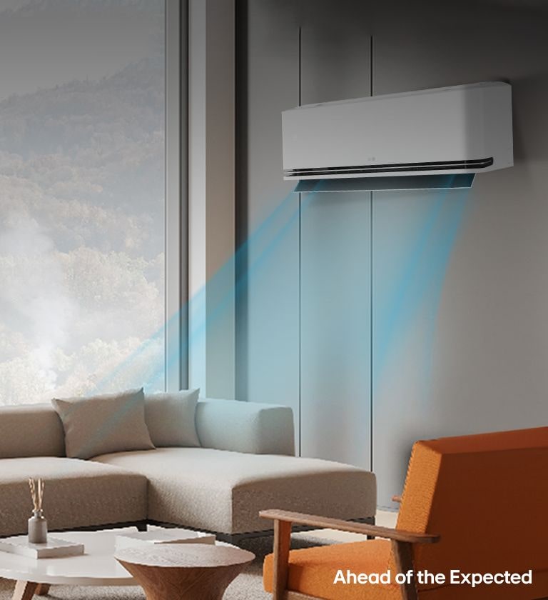 LG Dualcool S1 Premium mini split AC cooling a modern living room. Ductless air conditioning for home comfort.