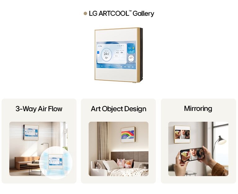 LG ARTCOOL Gallery AC with 3-way airflow, art object design, and mirroring capabilities. Premium home air conditioner.