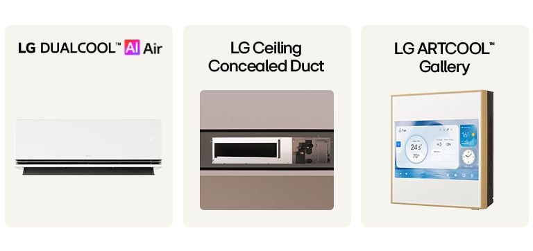LG DUALCOOL AI Air, LG Ceiling Concealed Duct, and LG ARTCOOL Gallery air conditioner product lineup. Smart home HVAC.
