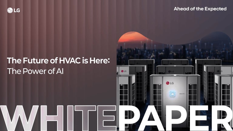 Futuristic LG HVAC units with AI theme, cityscape backdrop, and white paper branding