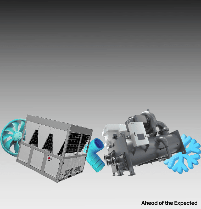 HVAC components including chiller, fan, duct, and rooftop unit, representing advanced cooling and ventilation systems.
