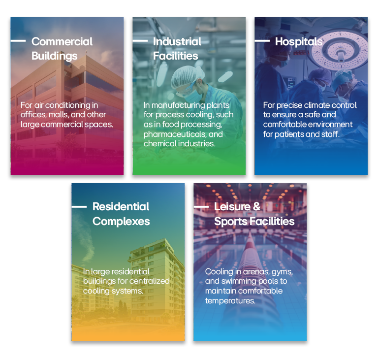 Cooling solutions for buildings, industrial facilities, hospitals, residential complexes, and leisure sports facilities.