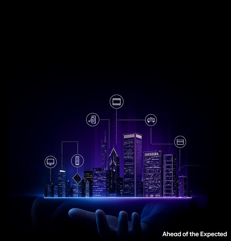 Futuristic smart city held by a hand with connected tech icons and 'Ahead of the Expected