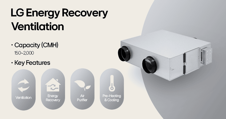 LG Energy Recovery Ventilation (ERV) system with air purifier, energy recovery, and ventilation for efficient airflow.