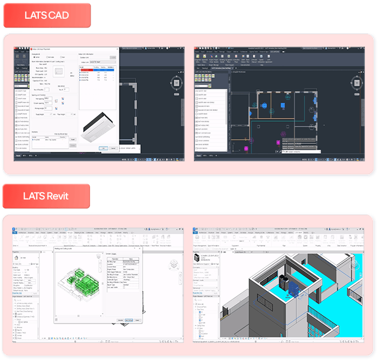 LATS CAD and Revit HVAC design software, 3D model of building layout, architectural elements