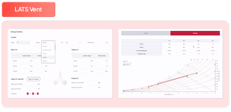 LATS Vent software interface, HVAC design tool, ventilation system analysis, air flow settings, cooling & heating parameters