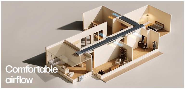 3D house interior with ceiling duct arrows show airflow in living, kitchen, bedroom & bath; labeled 'Comfortable airflow'.