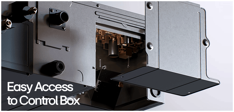 Control box open panel reveals internal connectors & components; labeled 'Easy Access to Control Box'.