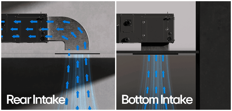 Dual air intake configurations with rear intake airflow and bottom intake airflow, both with blue arrows shown.