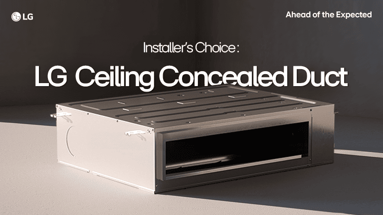 LG Ceiling Concealed Duct HVAC unit, installer choice with LG logo on gray background.