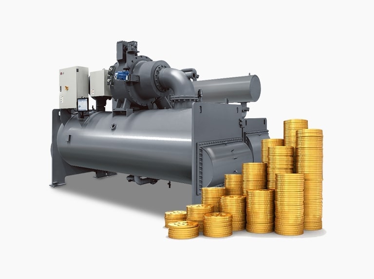 The LG Oil-free Magnetic Bearing Centrifugal Chiller, featuring a stacked gold coins on the front, is displayed.