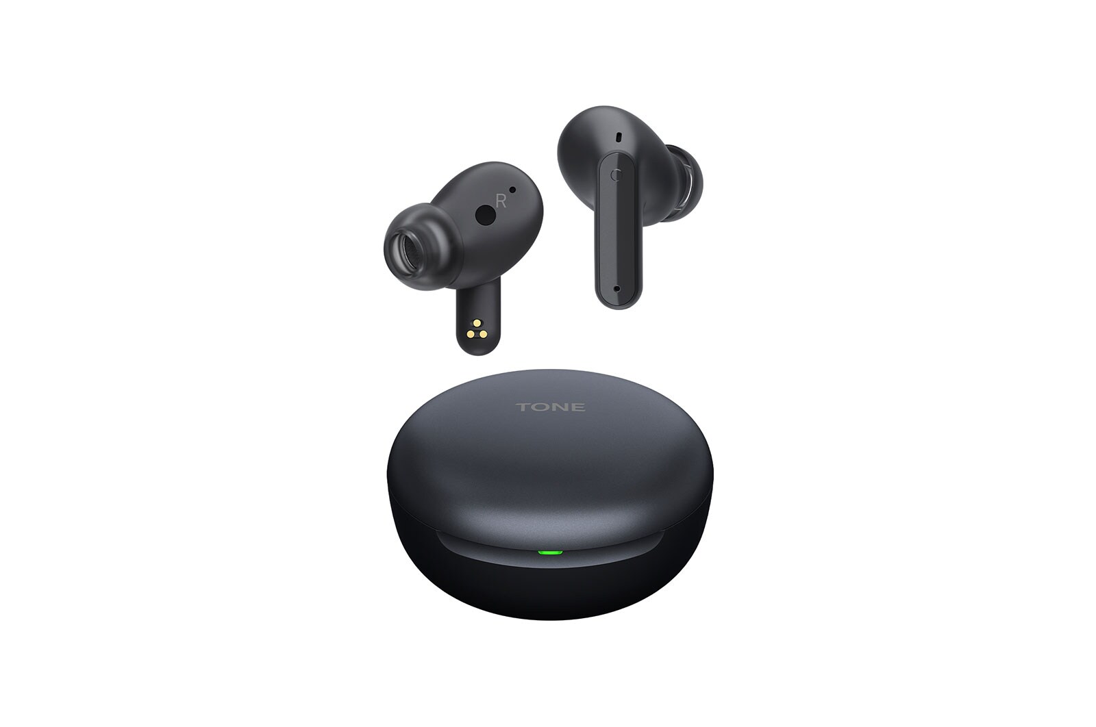 Image with earbuds floating over a closed cradle.