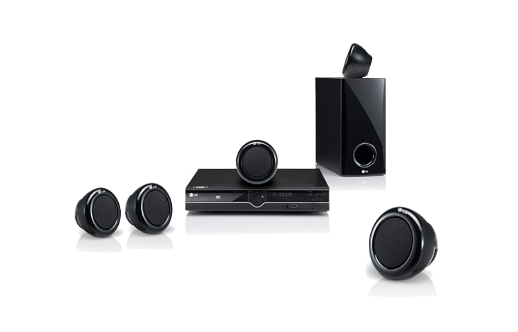 Front view of Spherical Satelite Speaker, 300W RMS, USB Plus 2.0, USB Direct Recording &amp; Play, Prologic 1&amp;2 / Dolby Digital Decoder HT356SD