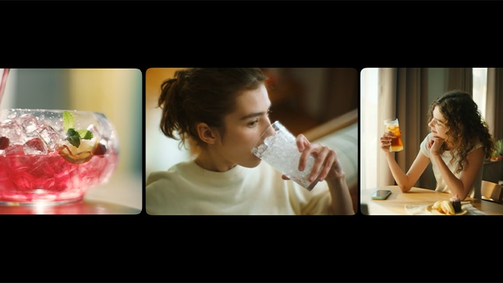 Crushed Ice, Mini Craft Ice, and Cubed Ice are dispensed into cups in sequence, followed by people enjoying the ice.