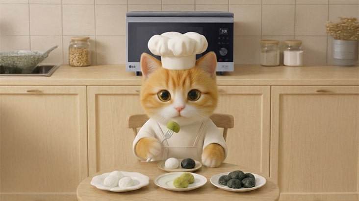 An image of Miyo’s Lucky Bites—an easy, gluten-free sweet rice snack—featuring a cute AI cat chef in a kitchen.