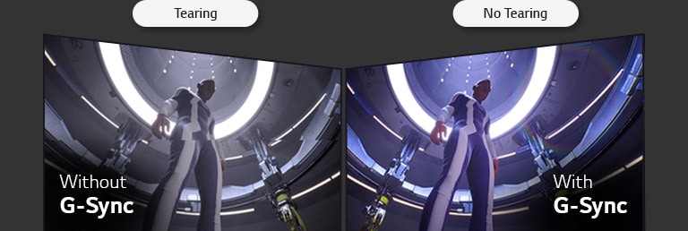 The mark of NVIDIA G-SYNC, Side-by-side comparison of LCD/LED versus OLED, showing the identical game scene to show the difference of screen tearing