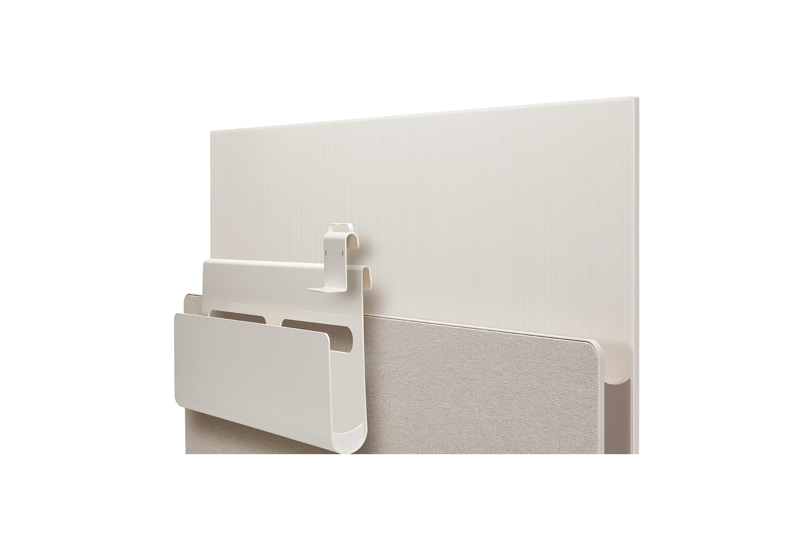 Posé seen from the back facing right with Cable & Accessory Organizer and hook hovering over the media shelf.
