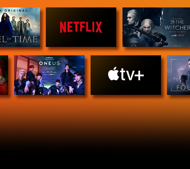 There are logos of streaming service platforms and matching footages right next to each logo. Netflix logo and money heist and the Witcher. Prime Video logo and Without Remorse and The Wheel of Time. Livenow logo and mamamoo teaser image and OneUs teaser image. Apple TV plus logo and Foundation and Finch. 
