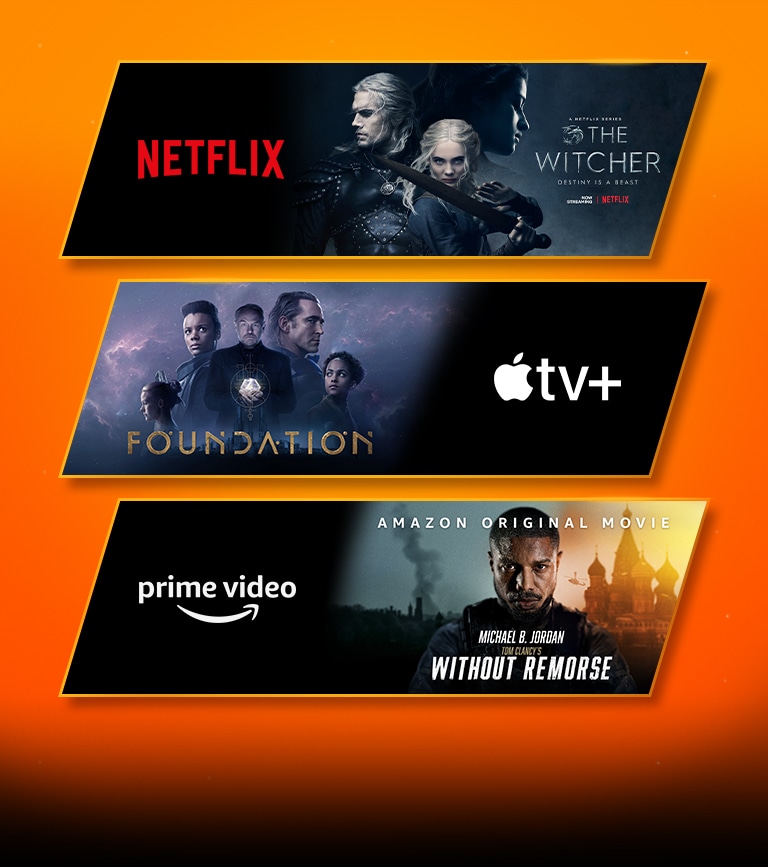 There are 3 image blocks – each with streaming platform logo and footage image. Netflix logo with the Witcher, Apple TV plus logo with Foundation, and prime video logo with Without Remorse.