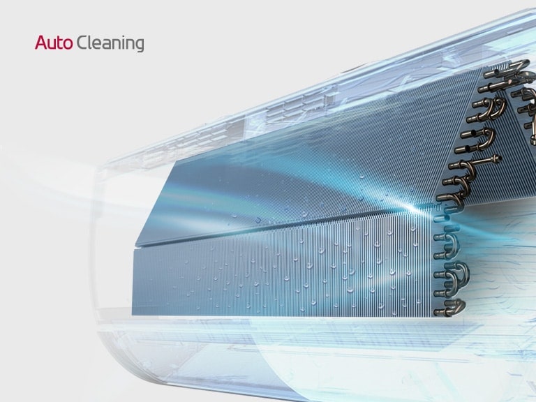 Air blows through the interior of the machine and debris, particles, and moisture are caught in the filters. The Auto Cleaning kicks on and cleans the machine shown with a light that glides across the interior. Reads Auto Cleaning in the upper left corner.