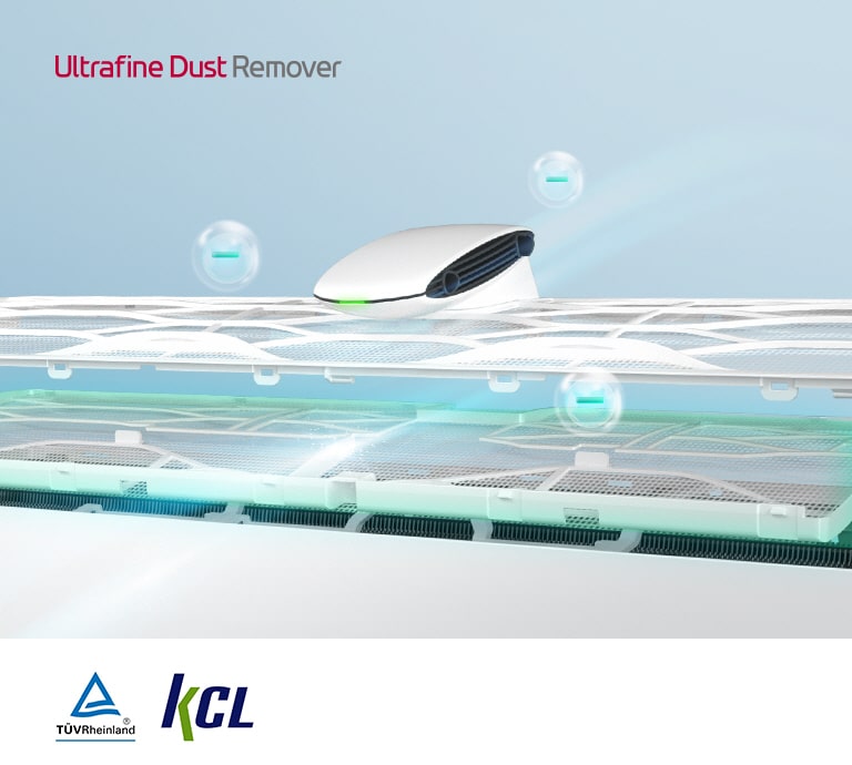 A close up image of the air going through the ultrafine dust remover and catching the dust and particles filtering through. Reads Ultrafine Dust Remover in the upper left corner.