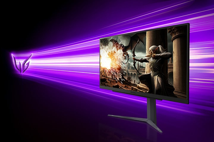 Side view of a monitor with a gaming archer character on the screen image. 