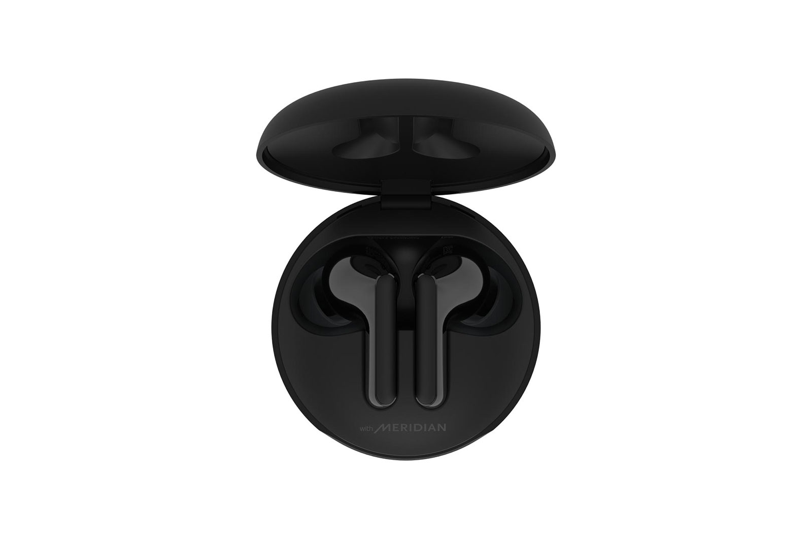 A top view of a cradle opened up and two earbuds inside it