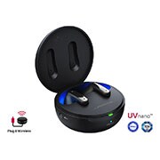 A 15 degrees angle of cradle opened up with mood lighting on and UVnano and Plug&wireless logos