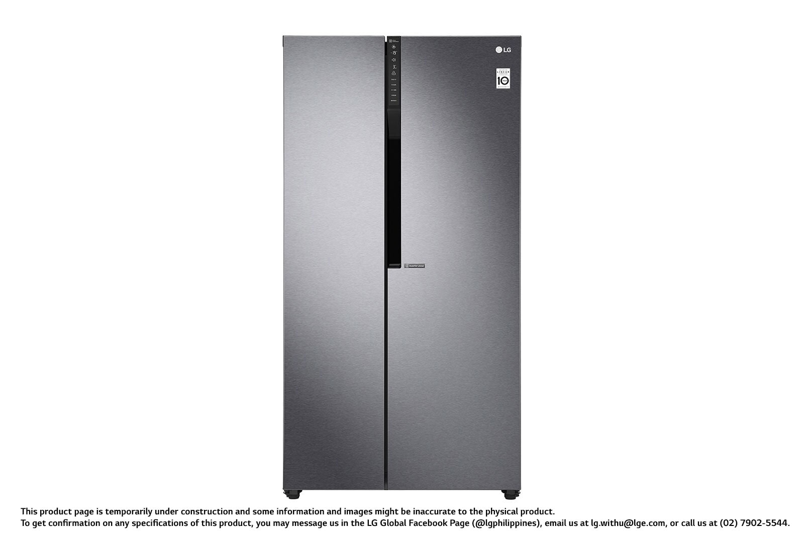 Front view of 24 cu.ft Side by Side Ref, Inverter Linear Compressor, 10 Year Warranty on Compressor, 2 Year Warranty on Parts and Service GR-B247KQDV