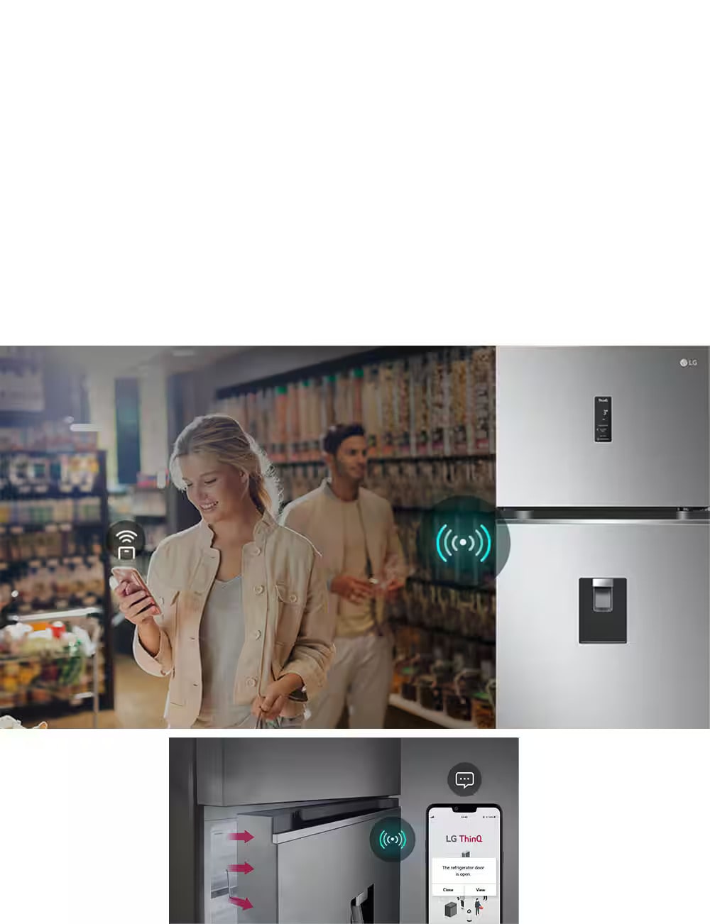 This image is a combination of images describing three different functions. It combines images of remote control through WiFi-enabled devices, smart alerts through the smartphone app when the refrigerator door is opened, and images of refrigerator status being monitored through the smartphone app.