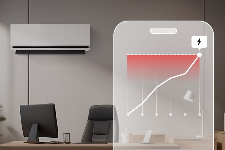 LG air conditioner in an office with a graphic overlay showing an energy consumption line graph.