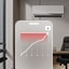 LG air conditioner in an office with a graphic overlay showing an energy consumption line graph.