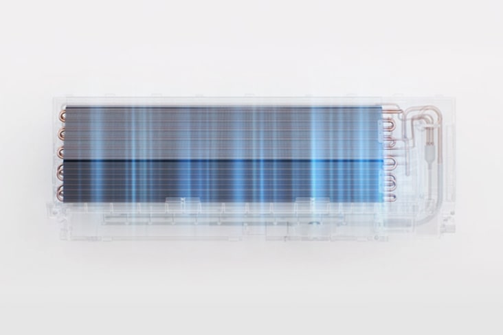 A transparent X-ray view of an LG air conditioner showing the internal heat exchanger and copper piping.